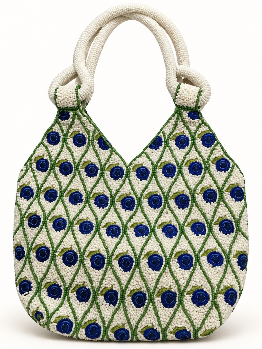 T.J.Maxx White Beaded Tote with Blue and Green Accents
